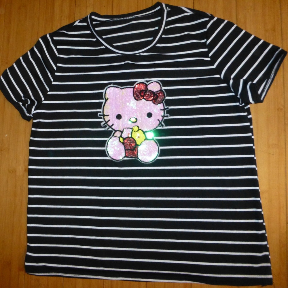 HELLO KITTY PINK SEQUINS  BLACK STRIPED TE…
